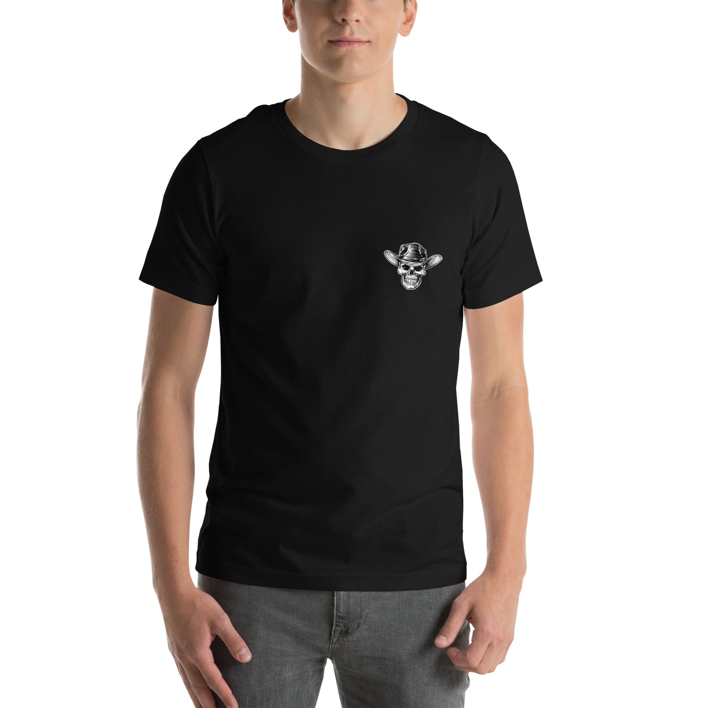Front view of model wearing a black t-shirt with a skull wearing a cowboy hat graphic.