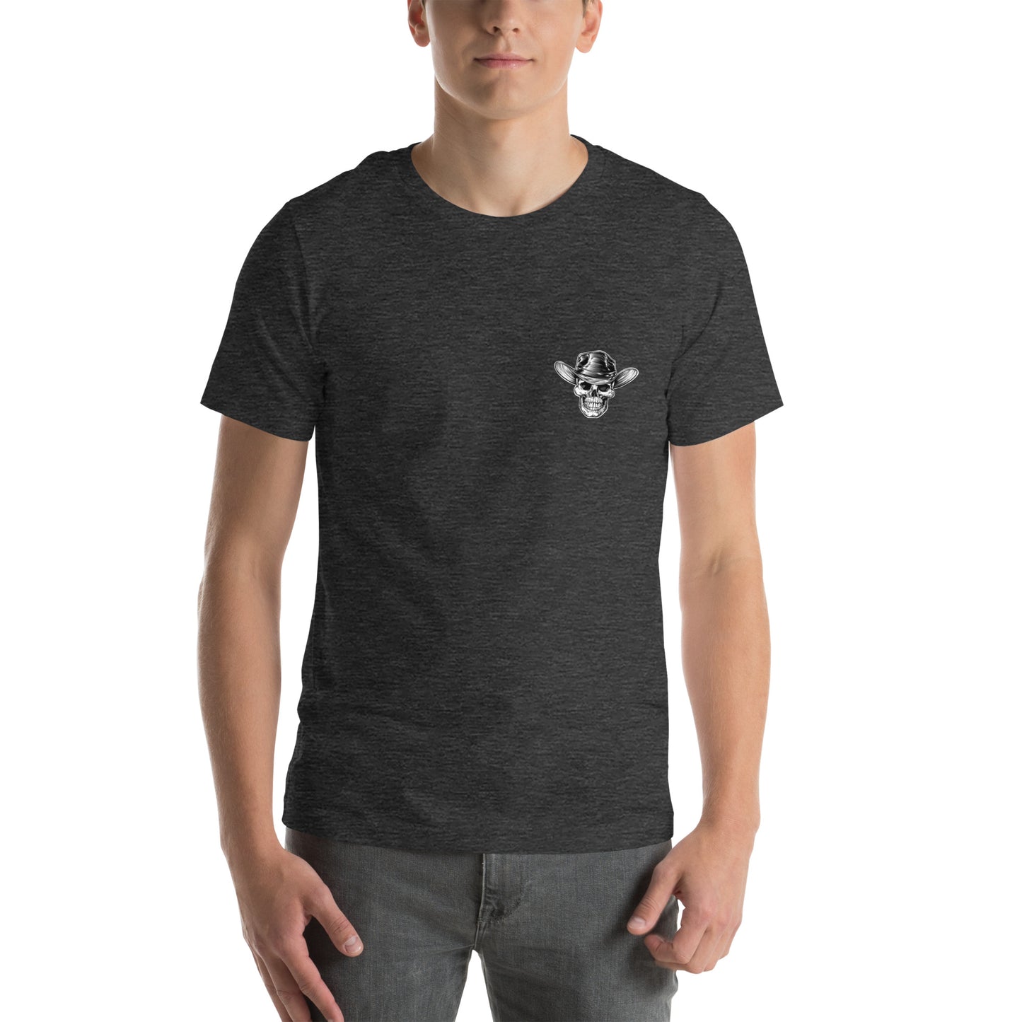 Front view of model wearing a heather grey t-shirt with a skull wearing a cowboy hat graphic.